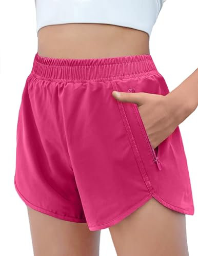 Arshiner Mädchen Sport Shorts Rosenrot Sporthose Sommer Gym Shorts Kinder Kurze Hose Trainingshose mit Mesh Liner Running Radlerhose mit Zip-Taschen 160/13-14 Jahre