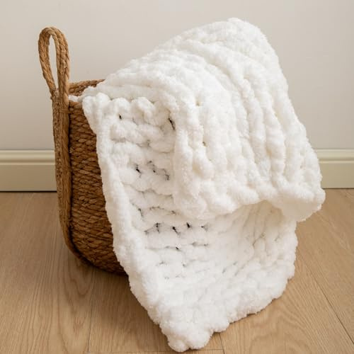 WESHIONGOO Grobstrickdecke, Überwurf, 101 x 101 cm, gestrickt, für Couch, Bett, flauschig, weiche Decke mit Jumbo-Chenille-Garn, dick, 100% handgefertigt, Weiß