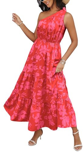 Awemeal Sommerkleid Damen Lang Blumen Kleid Knoten Eine Schulter Maxikleid Sommer Boho Rüschen Saum Fließend Strandkleid (L, Rot Blumen)