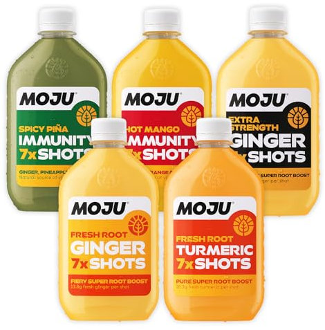 MOJU Variety Dosing Bottles (5 x 420ml) Ginger, Turmeric, Spicy Piña, Hot Mango and Extra Strength Ginger Shots, Your Plant Powered Morning Wake Up, No Added Sugars, Vegan