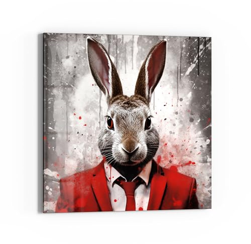 DEQOART Glasbild Echtglas | Motiv Eleganter Hase in Rot | quadratisch einteilig 30x30 cm | schöne Dekoration | Wandbild für Wohnzimmer, Schlafzimmer, Flur & Küche | moderne Wanddeko