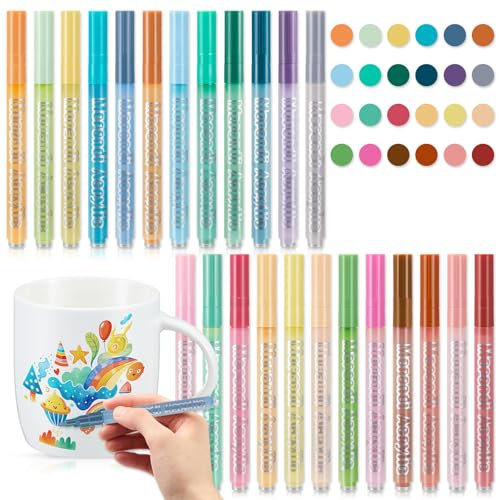 Sinmoe Stylos de Porcelaine 24 Couleurs Morandi Set de Peinture pour Céramique Stylos à Base d'Eau pour Toile Verre Pierre Bois Œufs Décoration DIY Pâques Fête des Mères