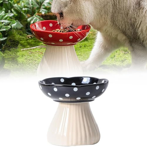 Gamelle surélevée pour chat - En forme de champignon mignon - Gamelle en céramique pour la nourriture et l'eau - Gamelle surélevée pour chats adultes et petits chiens (noir)