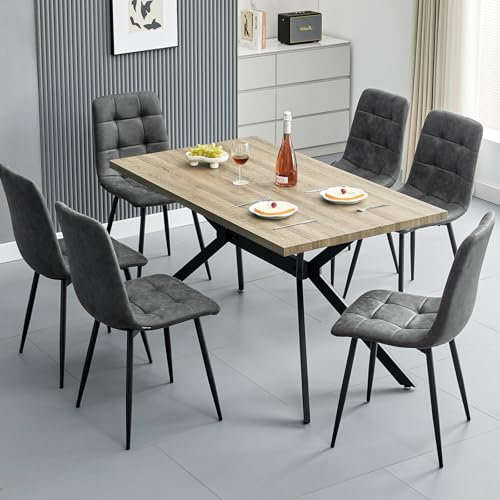 ANVOFONG Essgruppen Esstisch mit 6 dunkelgrau Stühlen,140 x 80 x 76 cm Rechteckig Esstisch aus helles Holzfarbe,Esszimmerstühle mit technisches Tuch,für Küche Esszimmer und Wohnzimmer
