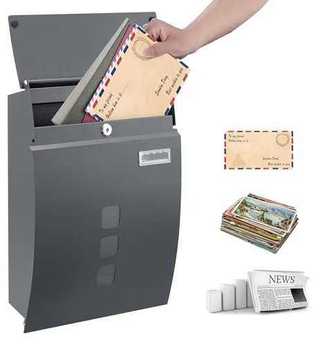 M.J COMFY-LIFE Letter Box with Viewing Window, Wall-Mounted Lockable Mailbox, Weatherproof Post Box with 4 Keys, Sleek Curvy Modern Design for Home or Office (Grey)