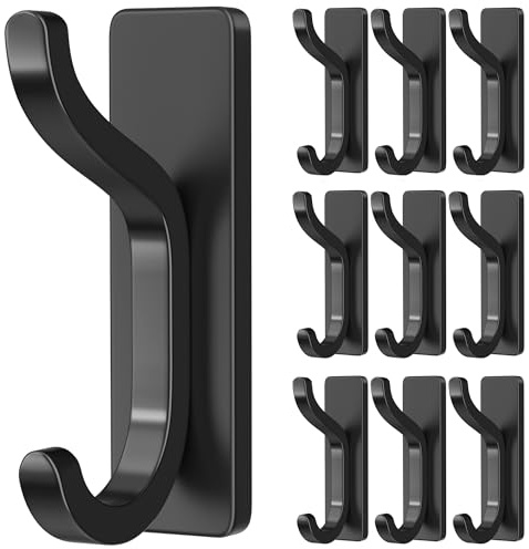 pickpiff Self Adhesive Hooks for Coat,8KG Stick-On Wall Hooks,Black 10 Pack | Back of Door Hooks, Bathroom Towel Hooks, Strong Sticky Hooks Heavy Duty, Adhesive Door Hangers for Clothes, Bags, Purses