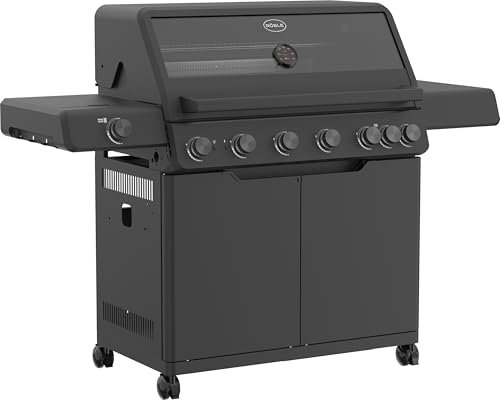 RÖSLE Gasgrill ALLFLAME Hero 6 – 6 Brenner (je 3,5 kW), PRIMEZONE, BACKBURNER, 92,5x45 cm Grillfläche, Gusseisenroste, Alu-Druckguss, Deckel mit Glaseinsatz, beleuchtete Drehknöpfe, schwarz