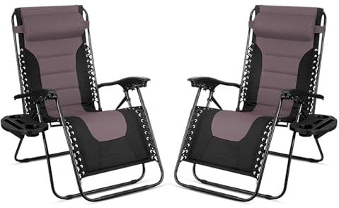 SG Traders Zero Gravity Chair - Reclining Outdoor Sun Lounger, Relaxer for Patio Decking Gardens Camping, Folding Chair with Cup Holder and Adjustable Headrest Sunlounger (Pack 2 - Black Brown)