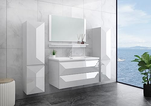 Faizee Möbel Miran Badmöbel Set 90 cm – 6-teiliges Badezimmermöbel mit Spiegel, Keramik-Waschbecken, Softclose Unterschrank – Hochglanz Weiß – Modern & Hell