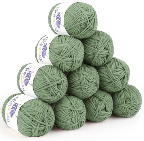 Reessy 10 × 50g Knitting Wool Acrylic Yarn Crochet Yarn Set, Super Soft 5 Ply Green Wool for Crochet Knitting and Crafts, 500g Crochet Yarn for Amigurumi Projects Handcrafts