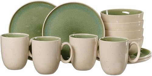 Ritzenhoff & Breker Skog Frühstücks-Set 12-teilig für 4 Personen – Henkelbecher, Dessertteller & Müslischalen aus Steingut – skandinavisches Design mit Reaktivglasur – spülmaschinenfest – Hellgrün