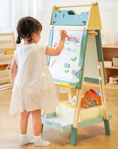 ROBUD Holztafel für Kinder, doppelseitig Whiteboard und Kreidetafel ab 3+ | Höhenverstellbar mit Papierrolle, Magneten, Farbtöpfen und Krokodil-Design, Zeichentafel als Geschenk für Jungen & Mädchen