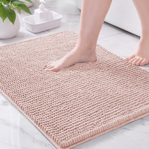 Exclusivo Mezcla Badematte Chenille Badteppich für Badezimmer 40x60 cm | Badvorleger, Badezimmerteppich, Fußmatte für Dusche, Waschbar, Saugfähig und Rutschfest, Weich und Leicht, Rosa