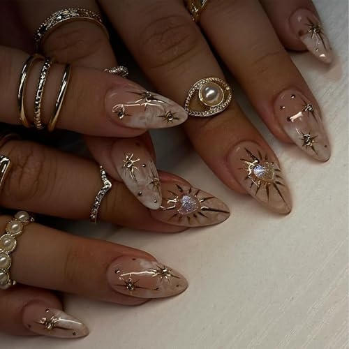 Nymora 24 Stück Press on Nails Gothic French Tips Falsche Nägel Akrylnägel - Diamant Sternen Design - Naturkleber - Nagelpress-Glänzend
