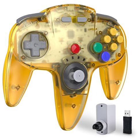 Wireless N64 Controller, 2.4GHz with USB Receiver & N64 Receiver, Remote Gamepad Joystick Compatible with N64 Console, Windows PC MAC Raspberry PI Switch (Clear Yellow)