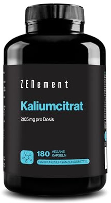 Kaliumcitrat 2105 mg - 800 mg Elementar, 40% NRV - 180 Kapseln | Kalium für Muskeln, Nerven & Blutdruck - Ohne Zusätze, Glutenfrei - 2 täglich, 3 Monate - Zenement