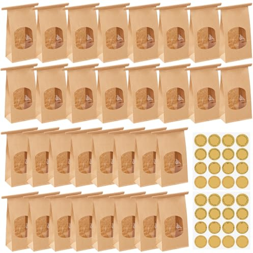 30 Kekstüten mit Fenster, Braune Papiertüten aus Kraftpapier, Plätzchentüten für Weihnachten, 17 x 9 x 6 cm, Ideal für Geschenkverpackung und Backwaren
