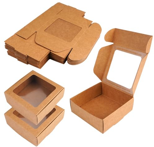 24 Stück Kraftpapier Box mit Sichtfenster, Geschenkbox mit Fenster | 9.5x9.5x3.5 cm Karton mit Sichtfenster, Braune Kraftpapierbox mit Durchsichtigen Fenstern, für Geburtstage Hochzeiten Partys