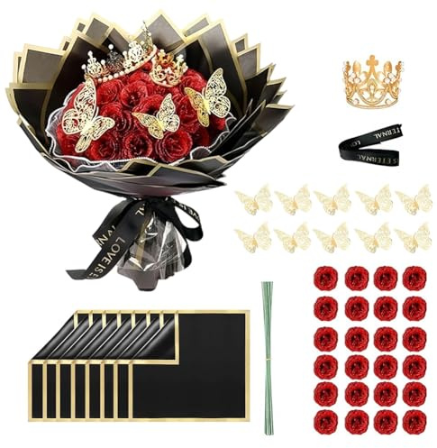 RANJIMA 24 Pezzi Rose Artificiali, Regalo Donna di Festa della Mamma, Bouquet di Fiori Artificiali Fai da te con Rosa Finte Glitterate Rosso Corona Farfalla 3D, Regalo per Donna Fidanzata Moglie Mamma