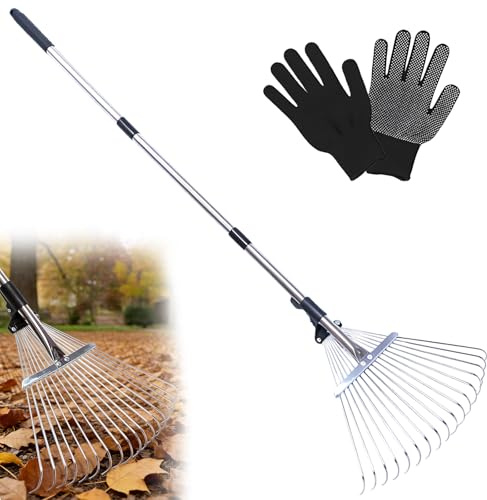 Râteau à feuilles réglable avec manche, râteau pour feuilles, râteau de jardin, râteau à feuilles en métal avec gants pour le jardinage, nettoyage des plantes, de la pelouse et de la cour