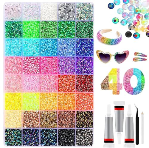 Strasssteine Set - 32000 Teiliges Glitzersteine zum Basteln, 40 Farben Bedazzler Kit with Glue, 3mm Rhinestones für Basteln Nägel Textilien Diamond Painting (A)
