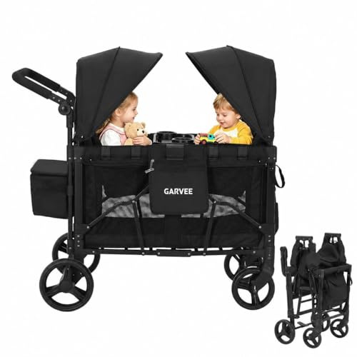 Bollerwagen Für 2 Kinder, Bollerwagen Faltbar Kinder mit Snack Ablage mit Sitzen, abnehmbarem Sonnendach, 5-Punkt, schwenkbaren/feststellbaren Rädern und 600D Oxford-Gewebe