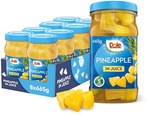 DOLE Pineapple Chunks in Juice Jar 8x665g Fruit Pieces in Fruit Juice | No added Sugar , Perfect for Snack or Topping, Reasealble jar, Ideal for Breakfast