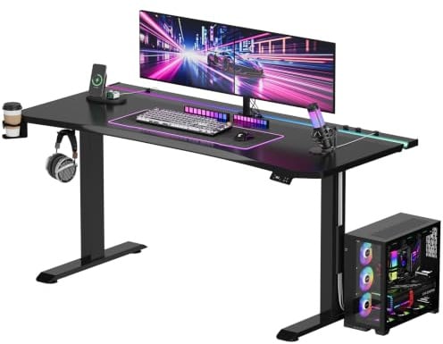 Devoko Höhenverstellbarer Schreibtisch,160x70cm Gaming Schreibtisch mit 20 mm Dicker hautfreundlicher Tischplatte,Dual-Motor Leiser Stehschreibtisch mit LED Lichtleiste & Kabelmanagement