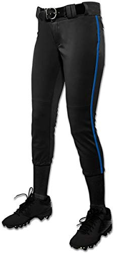 Champro Tournament Women?s Traditional Low Rise Softball Pant with Contrast-Color Braid Piping, Black,Royal Pipe, Medium
