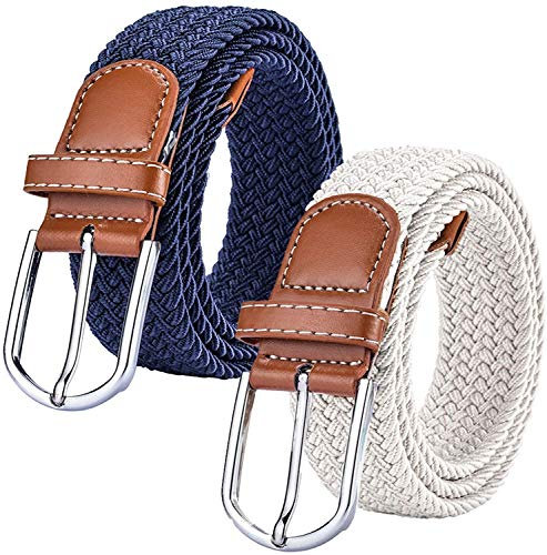 Chalier 2 Pack Damen Elastischer Stoffgürtel Geflochtener Stretchgürtel Dehnbarer Gürtel, Navy & White, Einheitsgröße