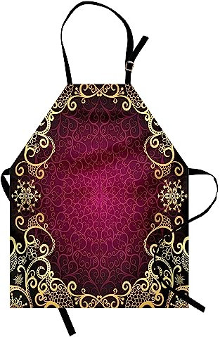 ABAKUHAUS Mandala Kochschürze, Vintage-Rahmen mit Locken Schneeflocke Motive Fantastische abstrakte Retro, Farbfest Höhenverstellbar Waschbar Klarer Digitaldruck, Hellgelb Fuchsienfarben Schwarz