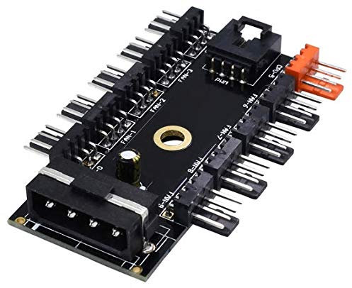 LTronics 10 Fan Controller Hub Adapter, 4 Pin PWM, 12V MOLEX Power - Black