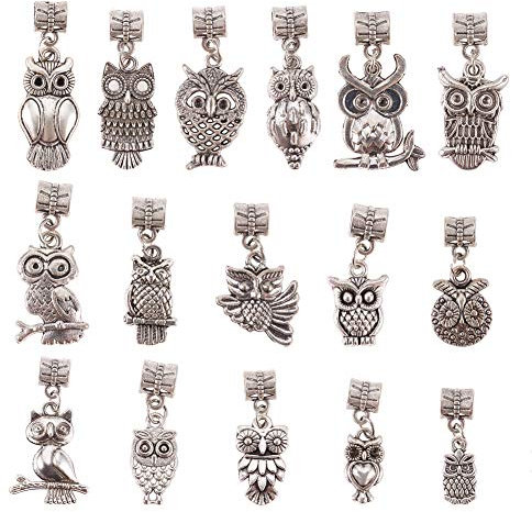 PandaHall 32pcs 16 Styles Owl Alloy Dangle Beads, 5mm Großes Loch Tibetische Europäische Charms Anhänger Eule Charms Kaution Für Armband Halskette Schmuckherstellung, Antik Silber Farbe