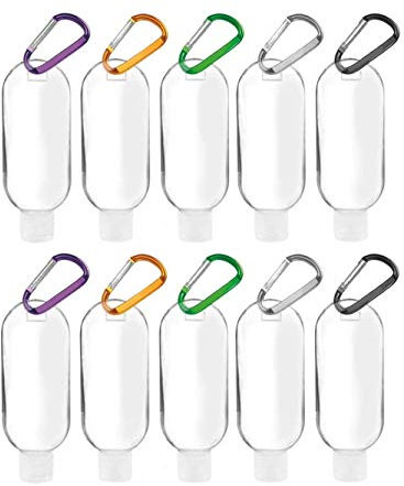 BAUBEY 10pcs 50ml Refillable Travel Bottles,Travel Plastic Clear Keychain Bottles Hand Sanitizer Containers Empty Squeeze Containers with 10 Hook Carabiners Belt Clip