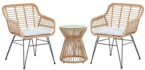 Gemütliches Balkonset Rattan/Stahl 2 Stühle 1 Tisch hellgraue Auflagen Trestina