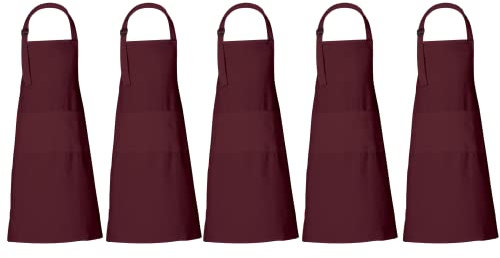 RAJRANG Baumwollschürze Packung mit 5 Schürzen waschbarer Kochschürze mit Tasche Latzschürze und verstellbarer Restaurantküchenschürze für Männer Frauen 69 x 89 cm Tawny Port Maroon