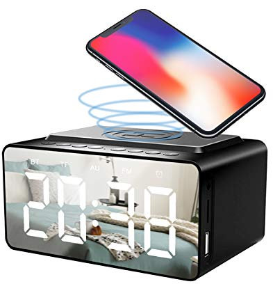 Clenp Altavoz Bluetooth, Cabecera Grande Pantalla LED HD Reloj Despertador Radio Altavoz BLE Cargador Inalámbrico con Puerto USB para Teléfono Móvil