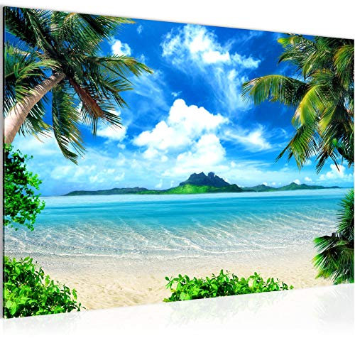 Runa Art Bild Strand Palmen Modern Wandbilder Schlafzimmer Wohnzimmer 1 Teilig - Made In Germany - Meer Blau Beige Flur 603315a