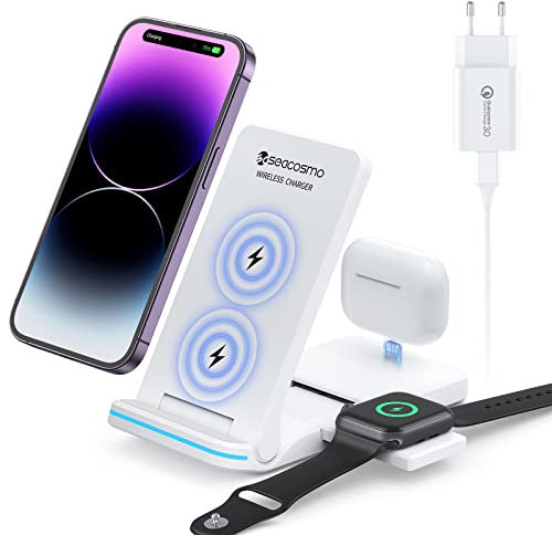 seacosmo Caricatore Wireless 3 in 1, Pieghevole Senza Fili Caricabatterie Wireless per iPhone 15/14/13/12/11 Serie, Stazione di Ricarica per Apple Watch S9/8/7/6/5/4/3/2, AirPods 3/2/1,AirPods Pro 1