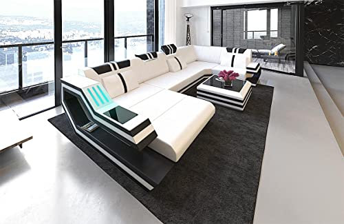 Wohnlandschaft Ravenna Sofa U Form Ledersofa - mit LED Beleuchtung, verstellbare Kopfstützen, Recamiere/Lederfarben wählbar/Ausrichtung wählbar (Ottomane Links, Weiß-Schwarz)