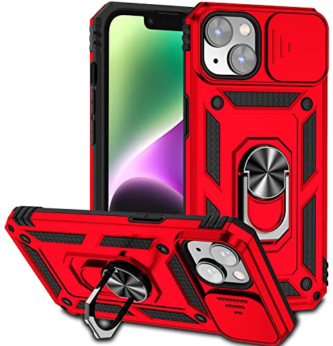 Hitaoyou iPhone 14 Case with Camera Cover & Kickstand, Military Grade Shockproof Heavy Duty Protective Magnetic Case for iPhone 14 6.1'' inch, Red