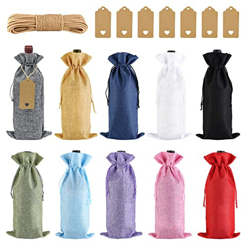 JLNGTHONG 10 PCS Colourful Burlap Wine Bottle Bags Wine Gift Bags with Ropes and Tag Linen Reusable Wine Bottle Covers for Christmas, Wedding, Travel, Birthday, Holiday Party (10 Colors)