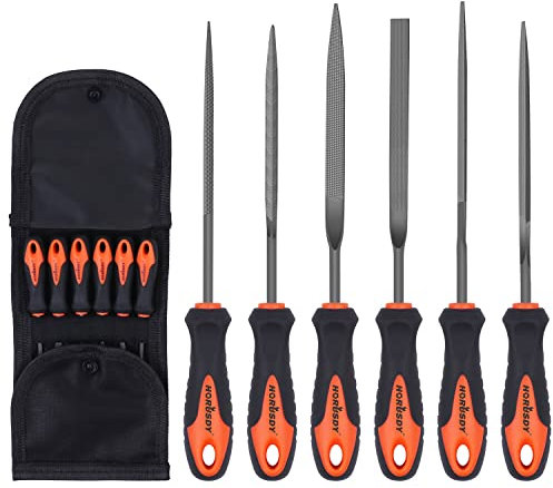 BRIMIX 6 pcs juego de mini limas y escofina para metal, cobre, PVC, madera. Multiuso con estuche portable, acero al carbono, mango de goma, raspado plano, cuadrado, triangulo, redondo, media luna