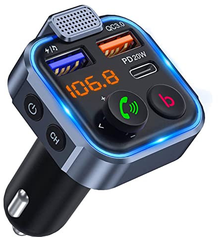 FM Transmitter [2024] - Car Bluetooth Device, Wireless Car Radio, USB-C, USB 3.0 FAST CHARGE, USB Drive, Bass Boost Feature