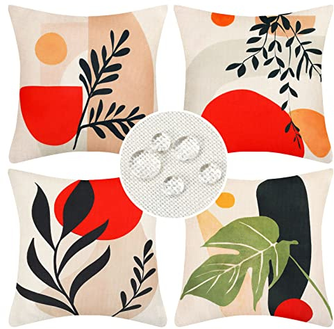 Kissenbezug 45x45 Abstrakt Boho Blätter Outdoor Kissen Sofakissen Dekokissen Kissenhülle Frühling Sommer Moderne Wasserfest Leinen Kissenbezüge für Sofa Schlafzimmer Wohnzimmer Zuhause Dekoration