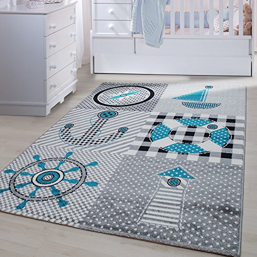 Carpetsale24 Runder Kinderteppich Piraten auf Grau Ø120 cm – Weicher Teppich für Jungen – Abenteuerliches Motiv & Perfekt fürs Spielzimmer