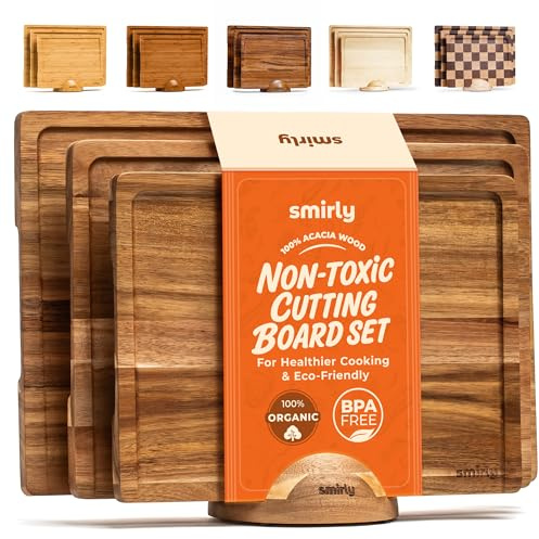 SMIRLY Cutting Boards for Kitchen, 3 Piece Acacia Cutting Board with Stand