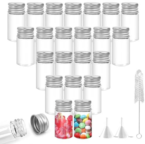 JiangLin 40 Stück Reagenzgläser mit Schraubverschluss Aus Aluminium,10ml kleine Glasflasche Glas,Klare Flüssigkeitsprobe Fläschchen Flaschen mit 2 Trichter und Reinigungsbürste,Tierhaar-Gedenkflasche