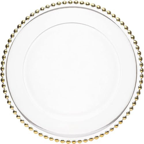 XL Teller aus transparentem Glas 33 cm mit Goldrand (1), 6x Glasteller mit Perlen Extra Groß, Platzteller Dekoteller Servierteller für Hochzeiten, Taufen, Geburtstage, Weihnachten & Partys - Mehrweg