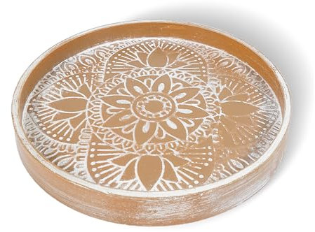 Bandejas de madera para servir, bandeja redonda decorativa, bandeja de madera redondeada vintage (30 x 2,7 cm) para cocina/mostrador/sala de estar